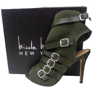 Nicole Miller Boomer Strappy Sock High Heels Buckle Accents Green Women's Size 8